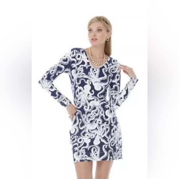 Lilly Pulitzer Dress Size Large Navy Blue French Terry Knit VNeck Long Sleeve - Picture 1 of 8